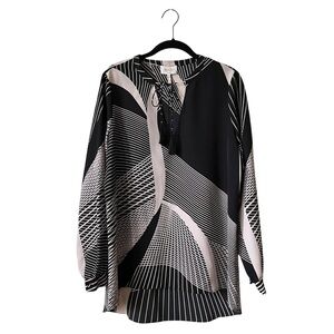 Laundry by Shelli Segal Top Women's Size 10 Black Rose Keyhole Tie Neck Long Slv